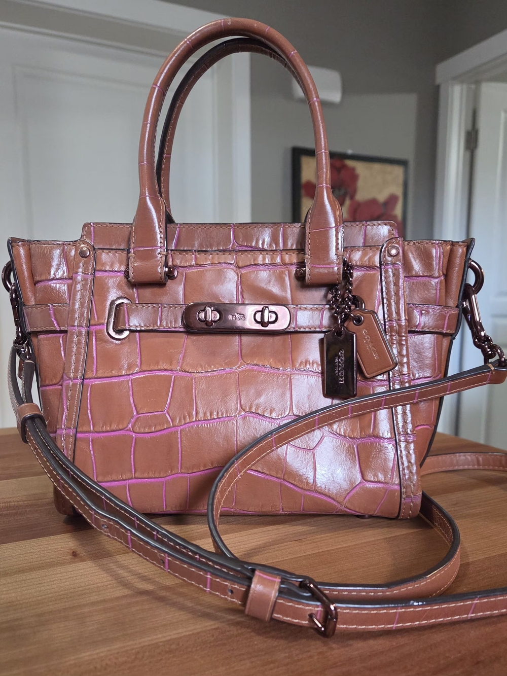 Coach Swagger 21  Leather Croc-Embossed Satchel with Pink Accents